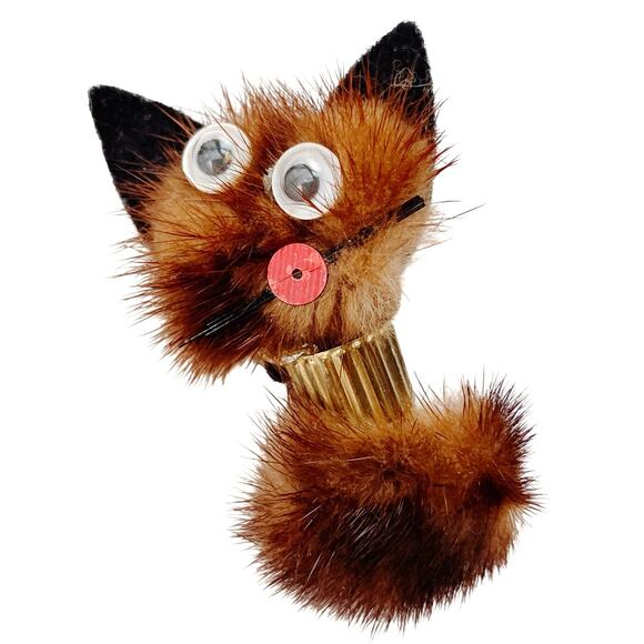 VTG Mid Century Brooch Mink Fur Cat Halloween Kitsch Googly Eyes Novelty Pin - Picture 1 of 7